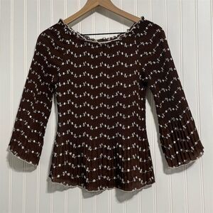 Y2K‎ PIANO Brown Micro Pleated Top M Floral Whimsigoth Crinkle Sheer Blouse